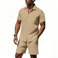 thumbnail image 1 of Mens Cotton Linen Shorts and Shirt Sets Tracksuit Set Summer Co Ord Sets Short Sleeve Button Down Shirts & Shorts with Pockets 2 Piece Outfits Vacation Beach Wedding Suits Khaki XXL, 1 of 7
