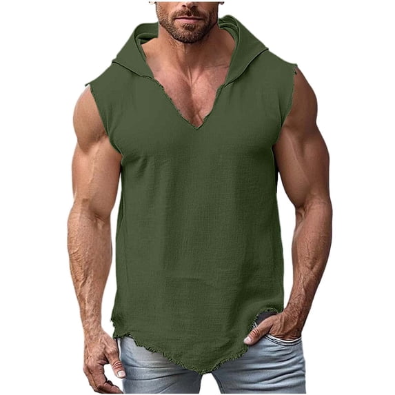 Mens Cotton Linen Sleeveless Hooded Shirts V-Neck Athletic Tank Tops Summer Workout Gym Muscle Loose Fit Lightweight Casual Hoodies