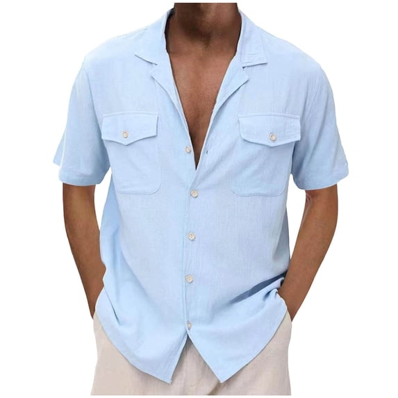 Mens Cotton Linen Slim-Fit Short-Sleeve Button Down Two-Pocket Work Utility Shirts (M-3XL) Light Blue