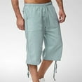 thumbnail image 1 of Mens Cotton Linen Solid Color Casual Shorts Elastic Waist Drawstring Cuffs Cropped Shorts Straight Baggy Shorts with Pockets, 1 of 6