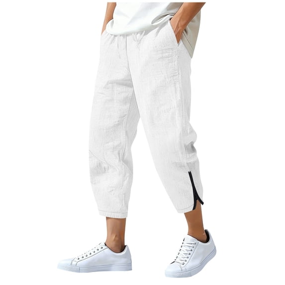 Mens Cotton Linen Straight Leg Capris Drawstring Elastic High Waist Cropped Pants Zip Beach Vacation Shorts with Pockets