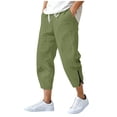 thumbnail image 1 of Mens Cotton Linen Straight Leg Capris Drawstring Elastic High Waist Cropped Pants Zip Beach Vacation Shorts with Pockets, 1 of 5