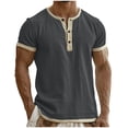 thumbnail image 1 of Mens Cotton Linen Summer Tops, Short Sleeve Shirts for Men Big and Tall Casual Vintage Solid Color Button Up Crewneck T-Shirts, 1 of 5