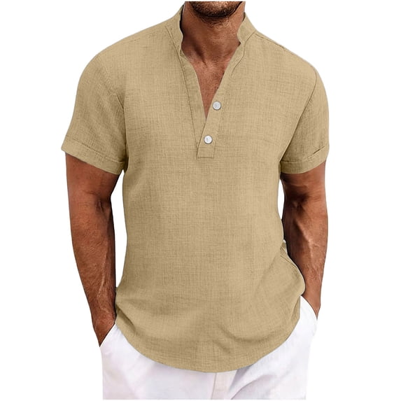 Mens Cotton Linen Summer Tops, Short Sleeve Shirts for Men Lightweight Casual Solid Color Button Up Notch V Neck T-Shirts