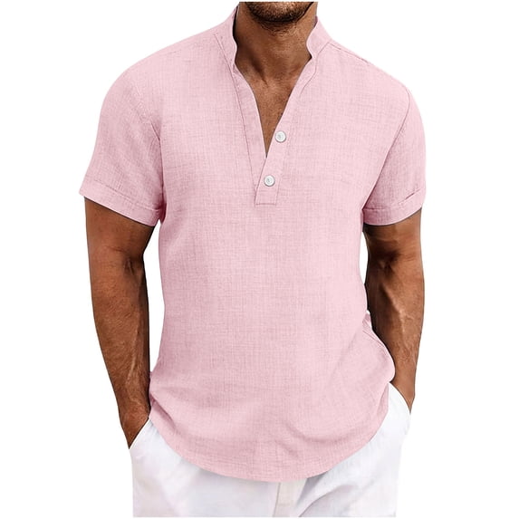Mens Cotton Linen Summer Tops, Short Sleeve Shirts for Men Lightweight Casual Solid Color Button Up Notch V Neck T-Shirts