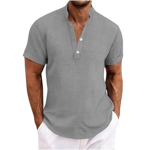 Mens Cotton Linen Summer Tops, Short Sleeve Shirts for Men Lightweight Casual Solid Color Button Up Notch V Neck T-Shirts