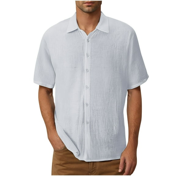 Mens Cotton Linen T Shirts, Button Down Blouses for Men Summer Lightweight Casual Vintage Solid Color Lapel Short Sleeve Shirts Plus Size S-5XL