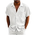 thumbnail image 1 of Mens Cotton Linen T-Shirts, Short Sleeve Shirts for Men Summer Fashion Striped Printed Lapel Button Down T Shirts S-3XL, 1 of 8
