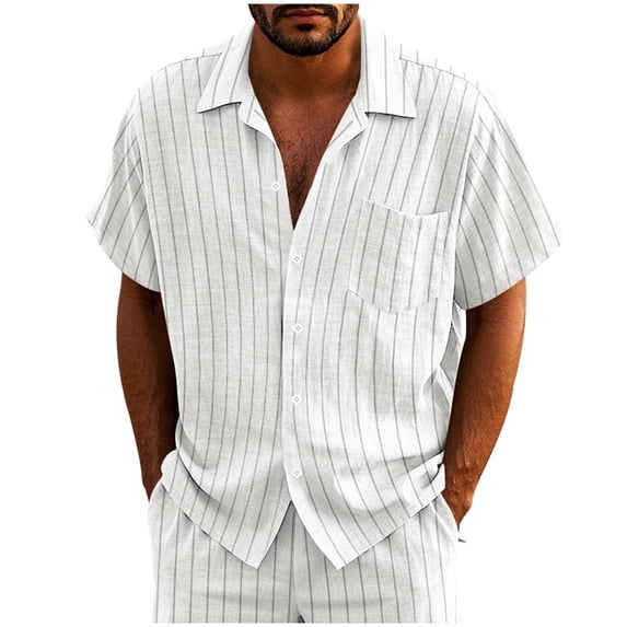 Mens Cotton Linen T-Shirts, Short Sleeve Shirts for Men Summer Fashion Striped Printed Lapel Button Down T Shirts S-3XL