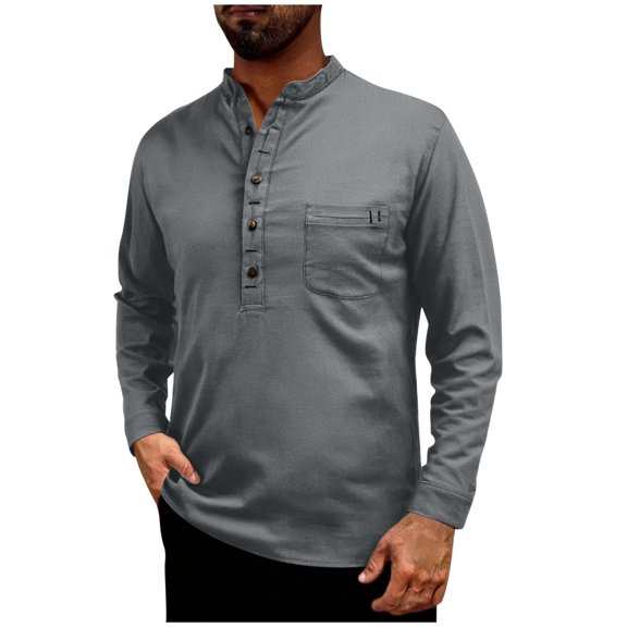 Mens Cotton Linen T-Shirts, Summer Tops for Men Casual Vintage Solid Color Button Up Dressy Blouses with Pockets S-2XL