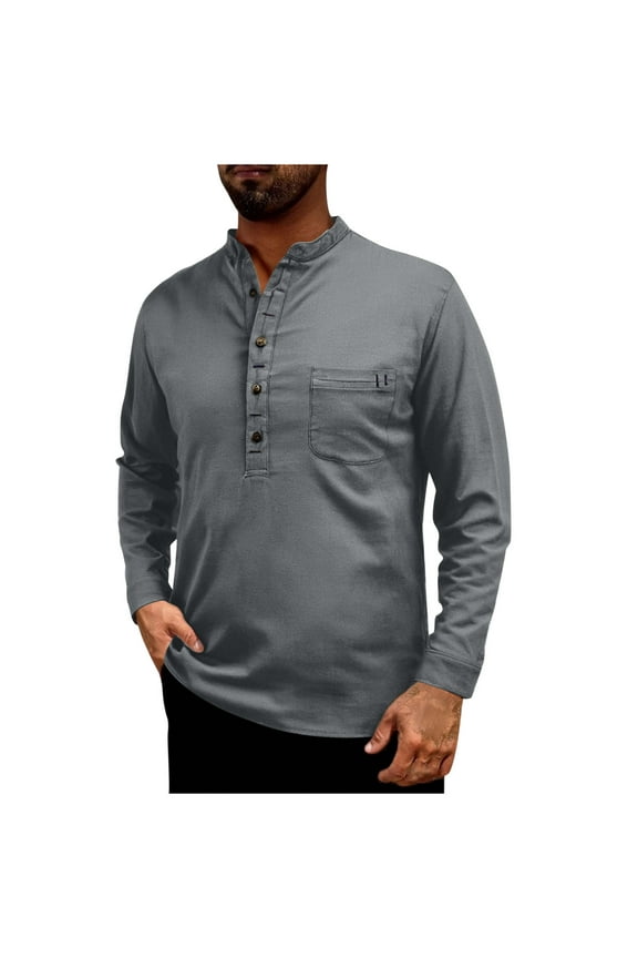 Mens Cotton Linen T-Shirts, Summer Tops for Men Casual Vintage Solid Color Button Up Dressy Blouses with Pockets S-2XL