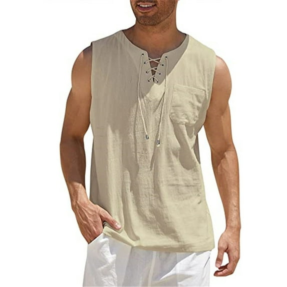 Mens Cotton Linen Tank Top Shirts Casual Sleeveless Lace Up Beach Hippie Tops Bohemian Renaissance Pirate Tunic