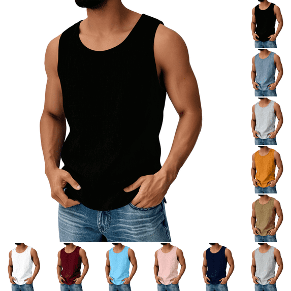 Mens Cotton Linen Tank Tops Casual Trendy Sleeveless Crew Neck Tank Tops Summer Quick Dry Lightweight Sports Pure Color Tank Top Black 4XL