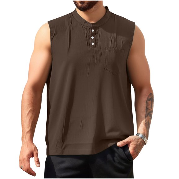 Mens Cotton Linen Tank Tops Henley Neck Button Down Sleeveless Shirts Workout Sports Top Beach Vacation Summer Outfits