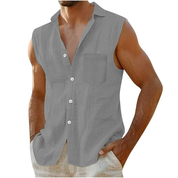 Mens Cotton Linen Tank Tops, Sleeveless Shirts for Men Summer Fashion Solid Color Lapel Button Down Muscle Tees with Pockets