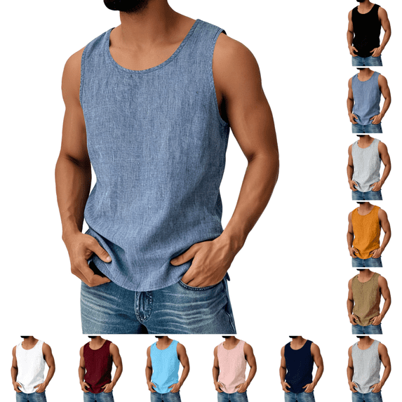 Mens Cotton Linen Tank Tops Trendy Casual Sleeveless Crew Neck Tank Shirts Summer Quick Dry Lightweight Workout Solid Color Tank Top Blue 4XL
