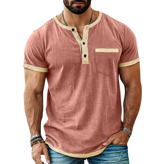 Mens Cotton Linen Tees Shirts Henley Neck Button Shirts Short Sleeve Tops Color Block T-Shirts Casual T-Shirts Soft Basic Tops 2026 Beach Gym Workout Golf Blouses