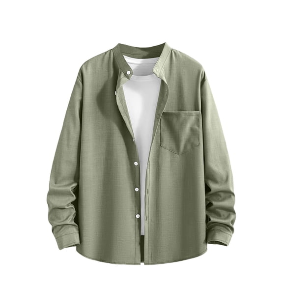 Mens Cotton Linen Textured Shirt Long Sleeve Band Collar Button Down Shirts Casual Fall Beach Travel Tops With Pockets