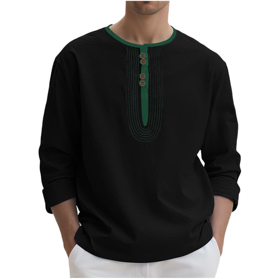 Mens Cotton Linen Tops, Long Sleeve Shirts for Men Fall Lightweight Casual Vintage Solid Color Button Up Crewneck Dressy Blouses S-3XL