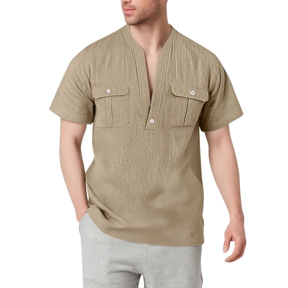 Mens Cotton Linen Tops, Short Sleeve Shirts for Men Summer Casual Solid Color Notch V Neck Dressy Blouses with Double Pockets
