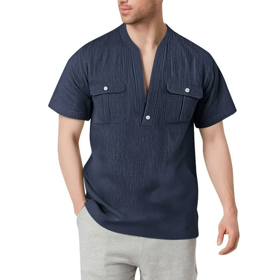 Mens Cotton Linen Tops, Short Sleeve Shirts for Men Summer Casual Solid Color Notch V Neck Dressy Blouses with Double Pockets