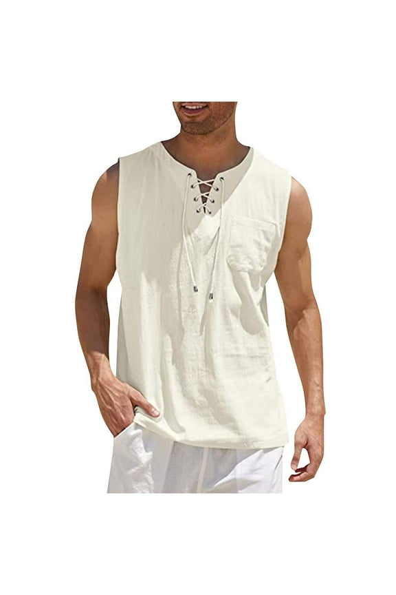 Mens Cotton Linen Tops, Tank Tops for Men Summer Casual Vintage Solid Color Notch Neck Sleeveless Shirts with Strappy S-5XL