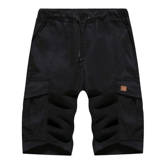 Mens Cotton Long Cargo Shorts Elastic Waist Drawstring Athletic Shorts with Pockets Casual Workout Black M