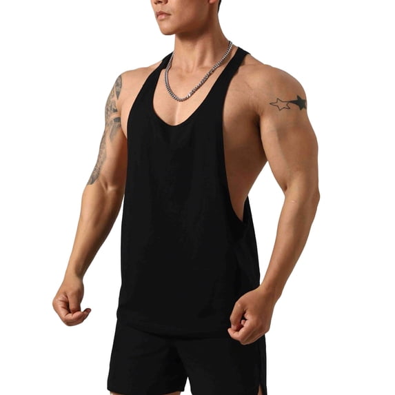 Mens Cotton Muscle Tank Tops Stringer Bodybuilding Sleeveless T-Shirts Y-Back Racerback Workout Training Fitness Vest Deep U-Neck Dropped Armholes Solid Color Tops