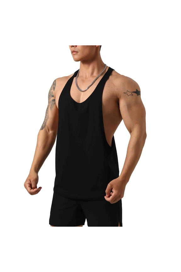 Mens Cotton Muscle Tank Tops Stringer Bodybuilding Sleeveless T-Shirts Y-Back Racerback Workout Training Fitness Vest Deep U-Neck Dropped Armholes Solid Color Tops