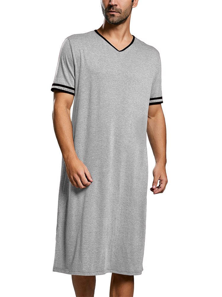 Mens Cotton Nightgown Pajamas Short Sleeve Sleepwear V Neck Nightshirt ...