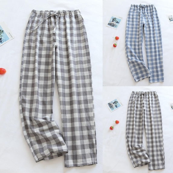Mens Cotton Pajama Pants Lightweight Lounge Sleep Plaid Bottoms with Pockets Drawstring Size 2XL Gray