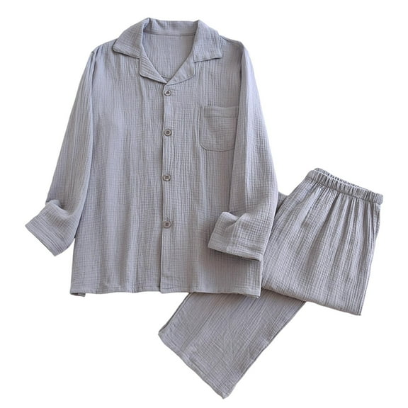 Mens Cotton Pajama Set 2 Piece Lounge Sets Button Down Collared Long Sleeve Tops Pants Fall Cozy Pjs Comfort Sleepwear Gray, L