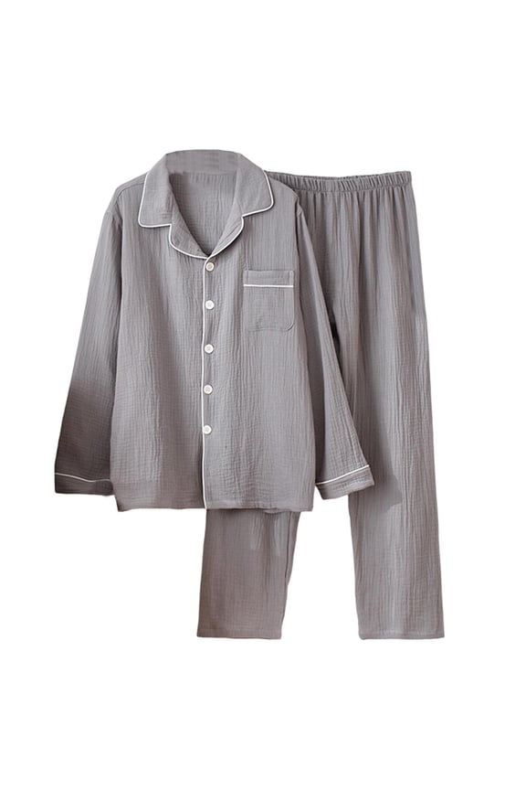 Mens Cotton Pajama Set Comfort Sleepwear 2 Piece Lounge Sets Button Down Collared Long Sleeve Tops Pants Fall Cozy Pjs Gray, M