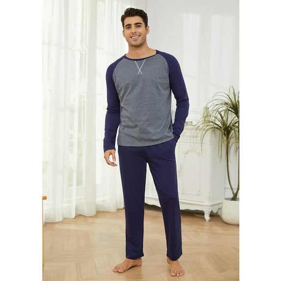 Mens Cotton Pajama Sets Long Sleeve Sleepwear for Men 2 Piece Mens Loungewear Sets with Pocket, Sizes S-XXL