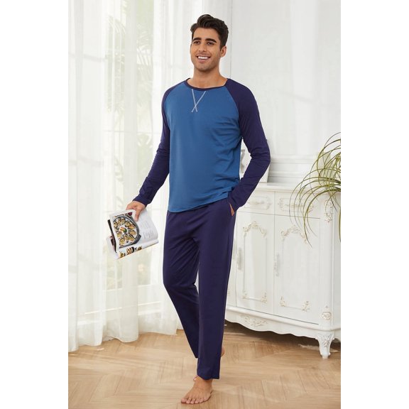 Mens Cotton Pajama Sets Long Sleeve Sleepwear for Men 2 Piece Mens Loungewear Sets with Pocket, Sizes S-XXL