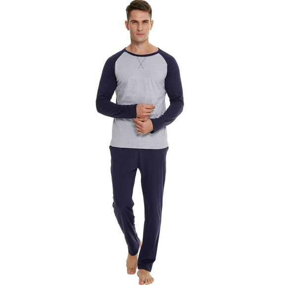 Mens Cotton Pajama Sets Long Sleeve Sleepwear for Men 2 Piece Mens Loungewear Sets with Pocket, Sizes S-XXL