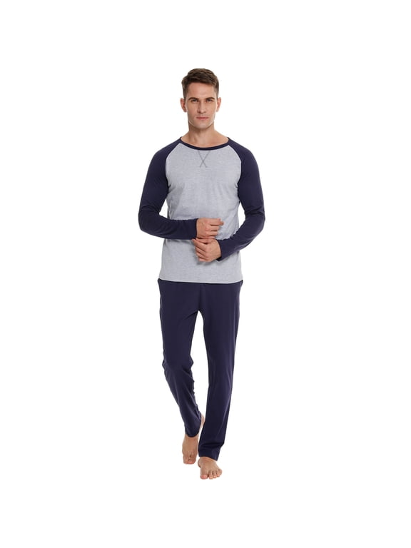 Mens Cotton Pajama Sets Long Sleeve Sleepwear for Men 2 Piece Mens Loungewear Sets with Pocket, Sizes S-XXL