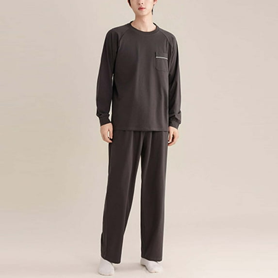 Mens Cotton Pajama Sets Long Sleeve Sweatshirts and Pants 2 Piece Loungewear Outfits Casual Solid Color Comfort Sleepwear Pajamas Set with Pockets
