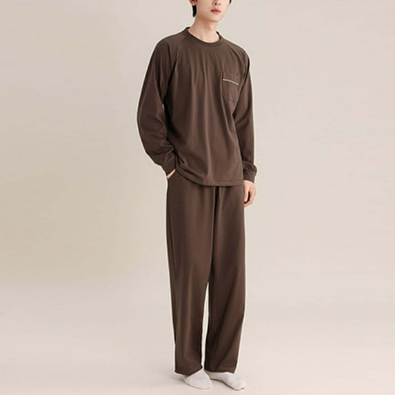 Mens Cotton Pajama Sets Long Sleeve Sweatshirts and Pants 2 Piece Loungewear Outfits Casual Solid Color Comfort Sleepwear Pajamas Set with Pockets