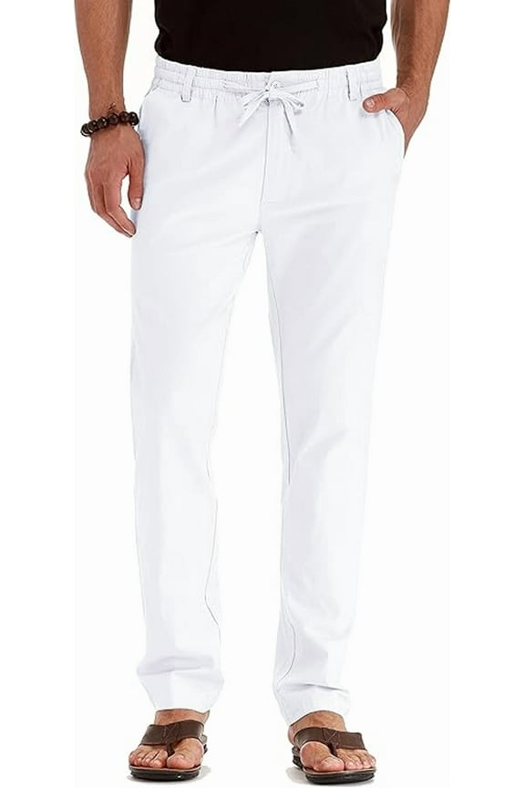 Men's Travel Long Pants Casual Loose Fit Lightweight Drawstring Waist Straight-Legs Trousers for Hiking Beach Lounge or  Work with Pockets,White