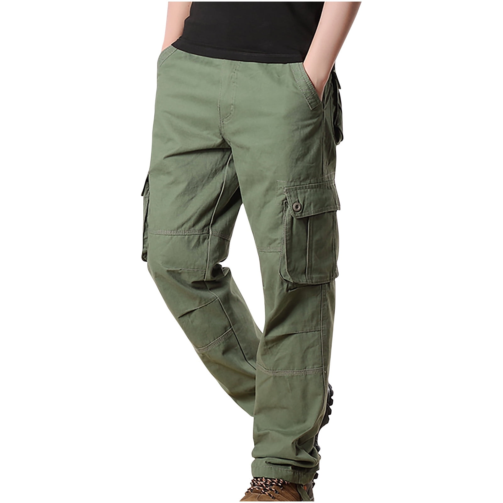 Mens Cotton Plus Size Cargo Pants Adjustable Bottom Hiking Trousers with  Multi-Pockets Sports Straight Work Pants 