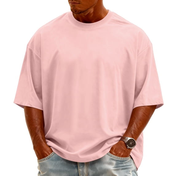 Mens Cotton Shirt Casual Oversized Half Sleeve Crew Neck Drop Shoulder Loose Fit T Shirt Dressy Vacation beach Pullover Tops Light pink XXXL