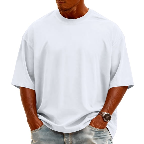 Mens Cotton Shirt Casual Oversized Half Sleeve Crew Neck Drop Shoulder Loose Fit T Shirt Dressy Vacation beach Pullover Tops White XL