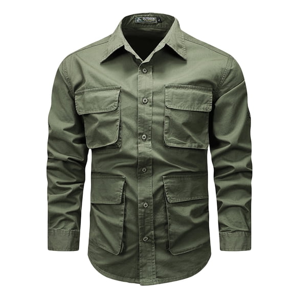 Mens Cotton Shirts Button Down Turndown Collar Long Sleeve Fashion Workwear Shirt with Front Pockets Army Green XXXL