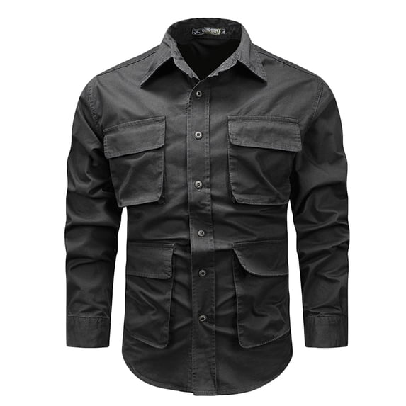 Mens Cotton Shirts Button Down Turndown Collar Long Sleeve Fashion Workwear Shirt with Front Pockets Black L