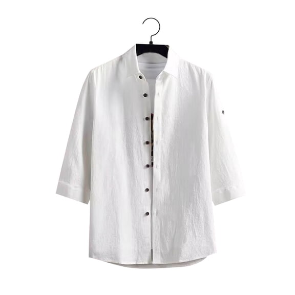 Mens Cotton Shirts Button Up Collared 3/4 Sleeve T-Shirts Boys Lightweight Solid Color Casual Lapel Going-Out Work Tshirts Shirt Summer