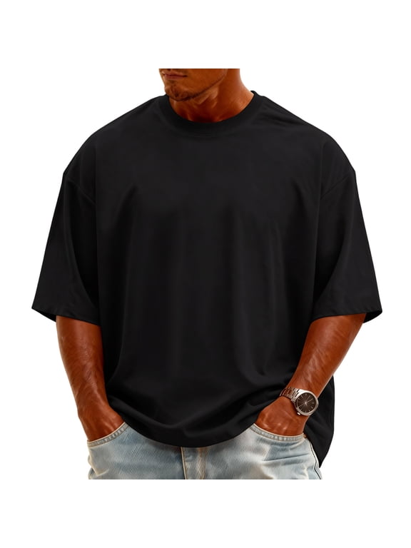 Mens Cotton Shirts Half Sleeve Crew Neck Drop Shoulder T Shirts Loose Fit Casual Vacation Pullover Tees, XL