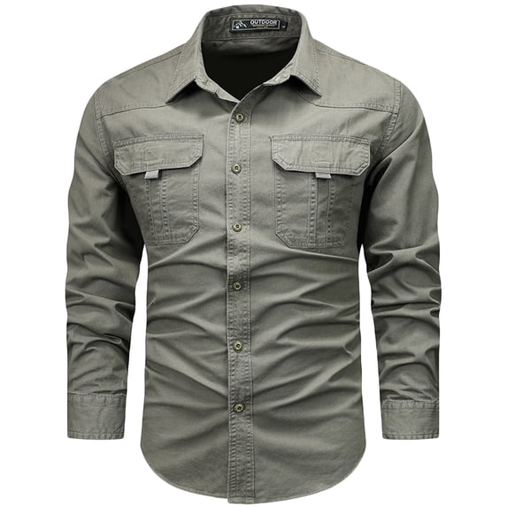 Mens Cotton Shirts Turndown Collar Long Sleeve Button Down Workwear Shirt with Front Pockets Army Green L