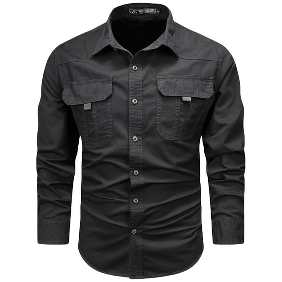 Mens Cotton Shirts Turndown Collar Long Sleeve Button Down Workwear Shirt with Front Pockets Black XXXXXL