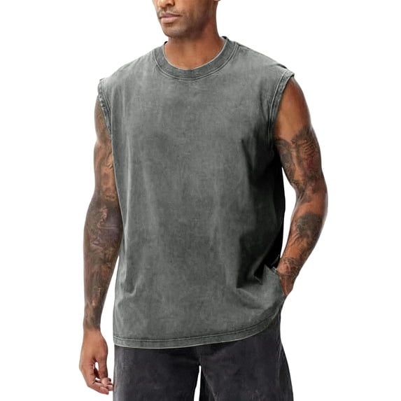 Mens Cotton Sleeveless Crew Neck Tank Tops Muscle Gym T Shirts Running Beach Loose Fit Tees Gray 2XL